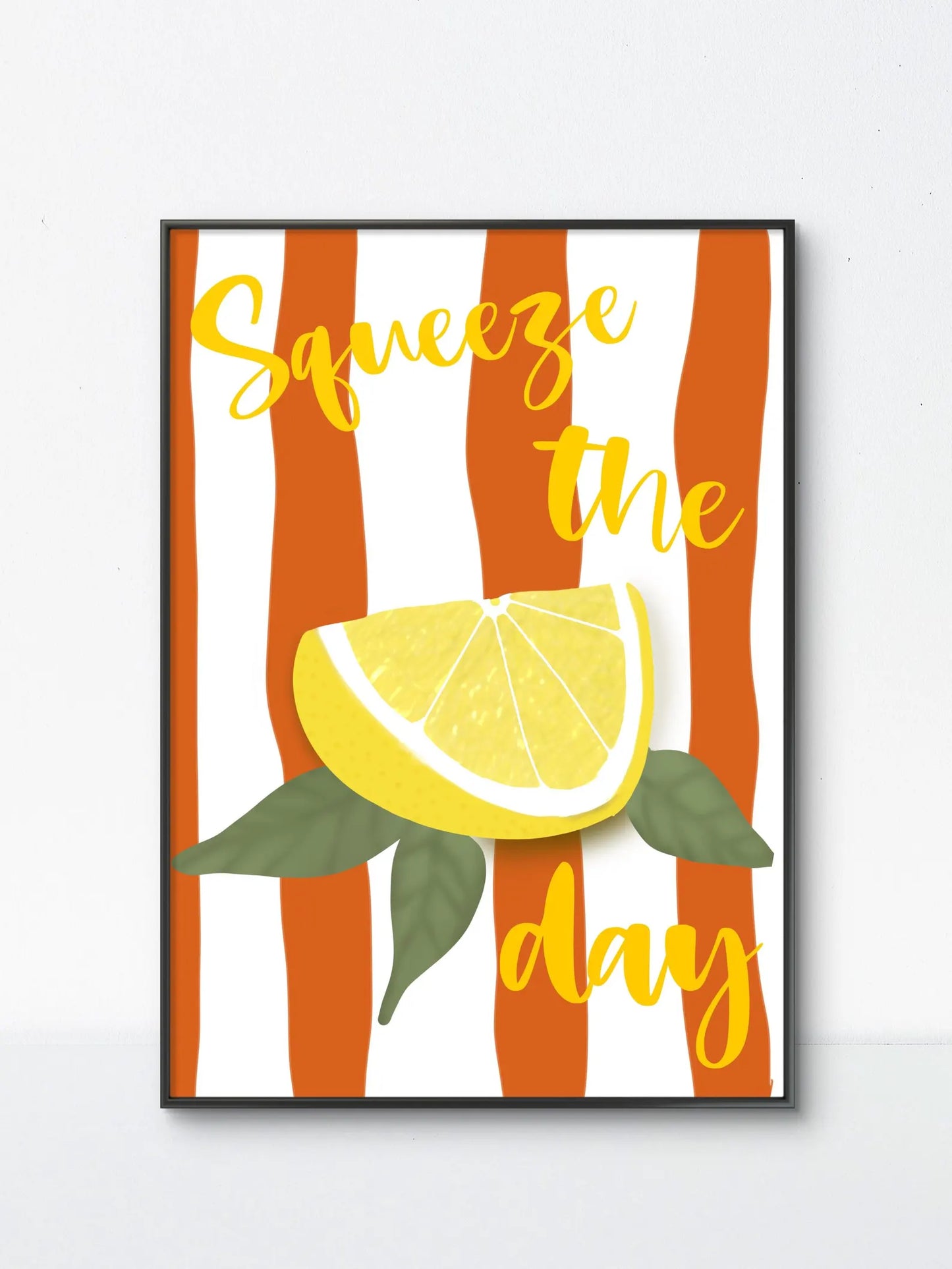 Squeeze the day lemon art print- bold illustration with orange stripes- motivational wall art
