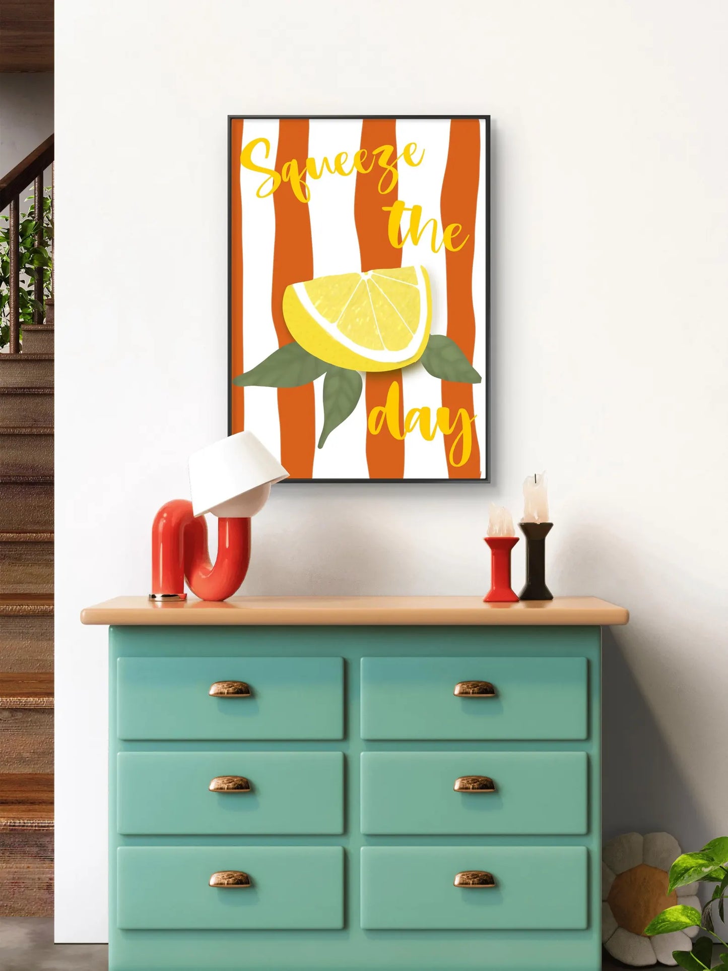 Squeeze the day lemon art print- bold illustration with orange stripes- motivational wall art