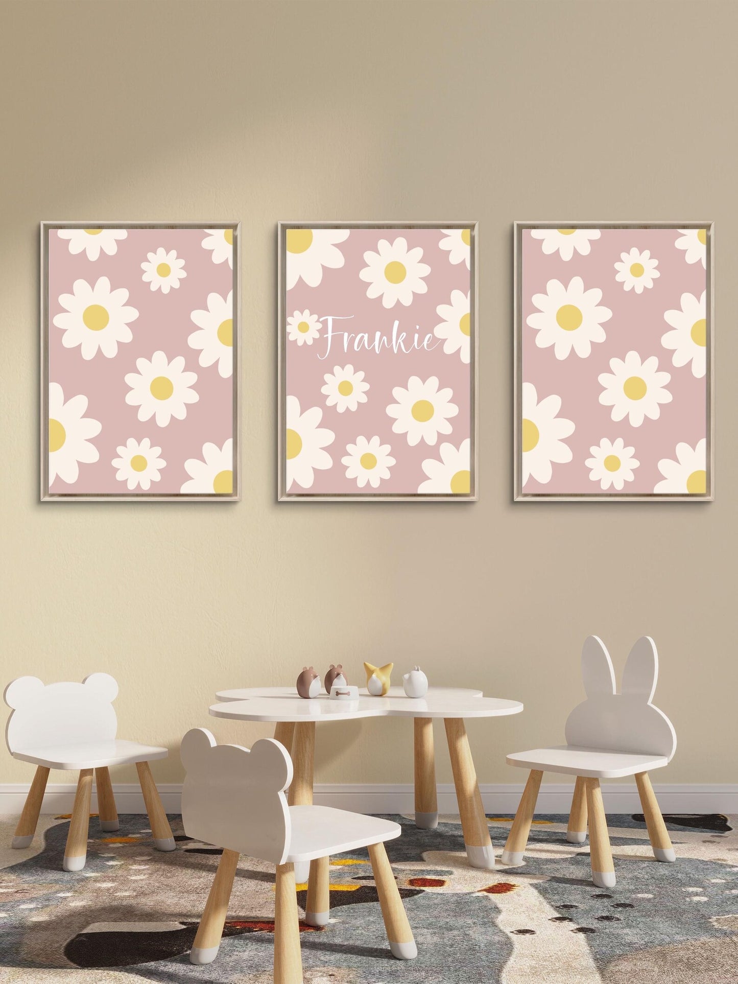 Personalised floral trio name prints| custom flowery wall art in 4 colour choices