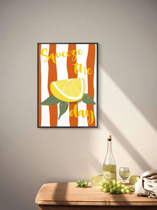 Squeeze the day lemon art print- bold illustration with orange stripes- motivational wall art